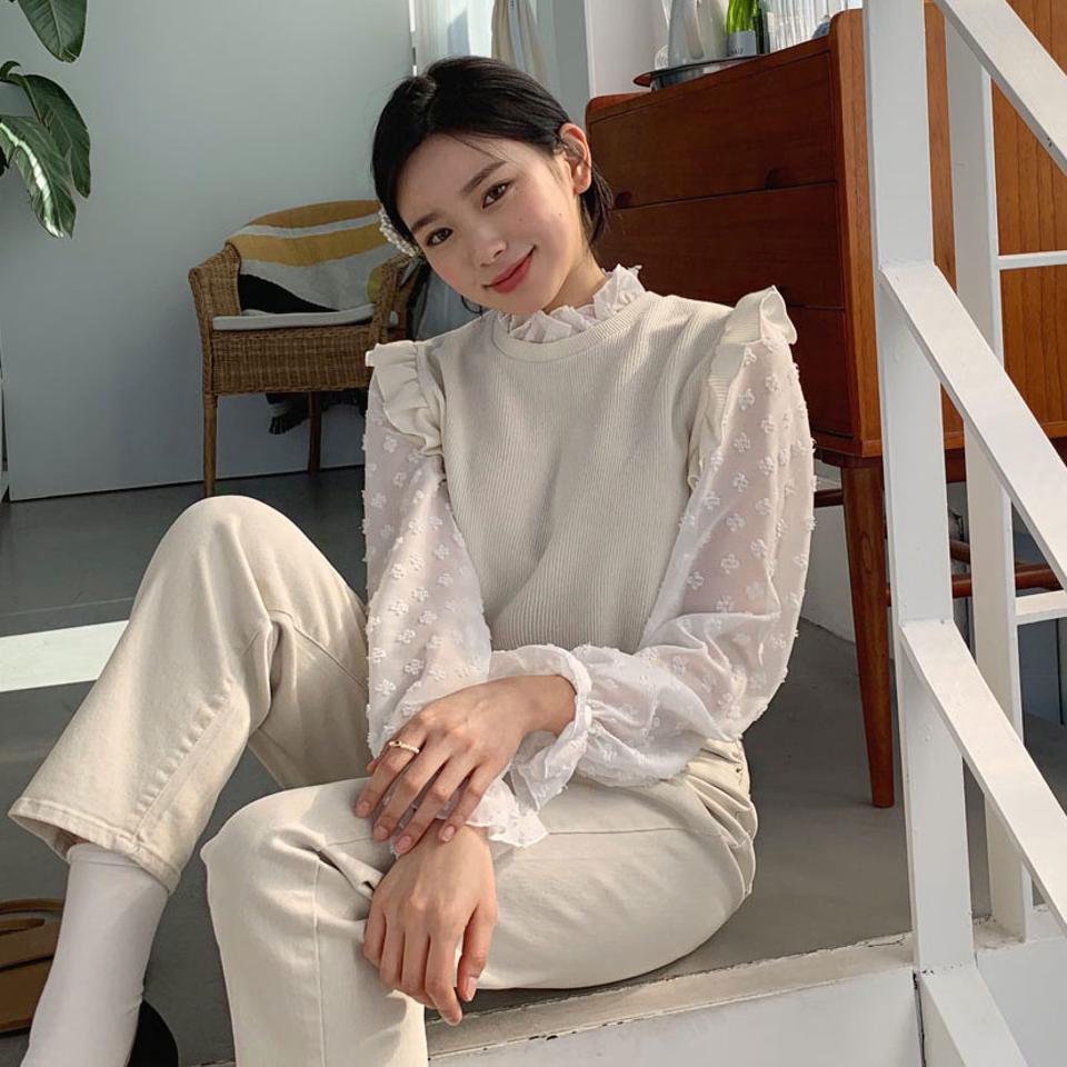 配色フリルブラウス・全4色・t63160 レディース 【bl】【韓国 ファッション トップス ブラウス 長袖 上品 春 フリル シフォン フラワー テクスチャー ゴム 花柄 パターン ガーリー カジュアル デイリー 秋 冬】【NIJU】