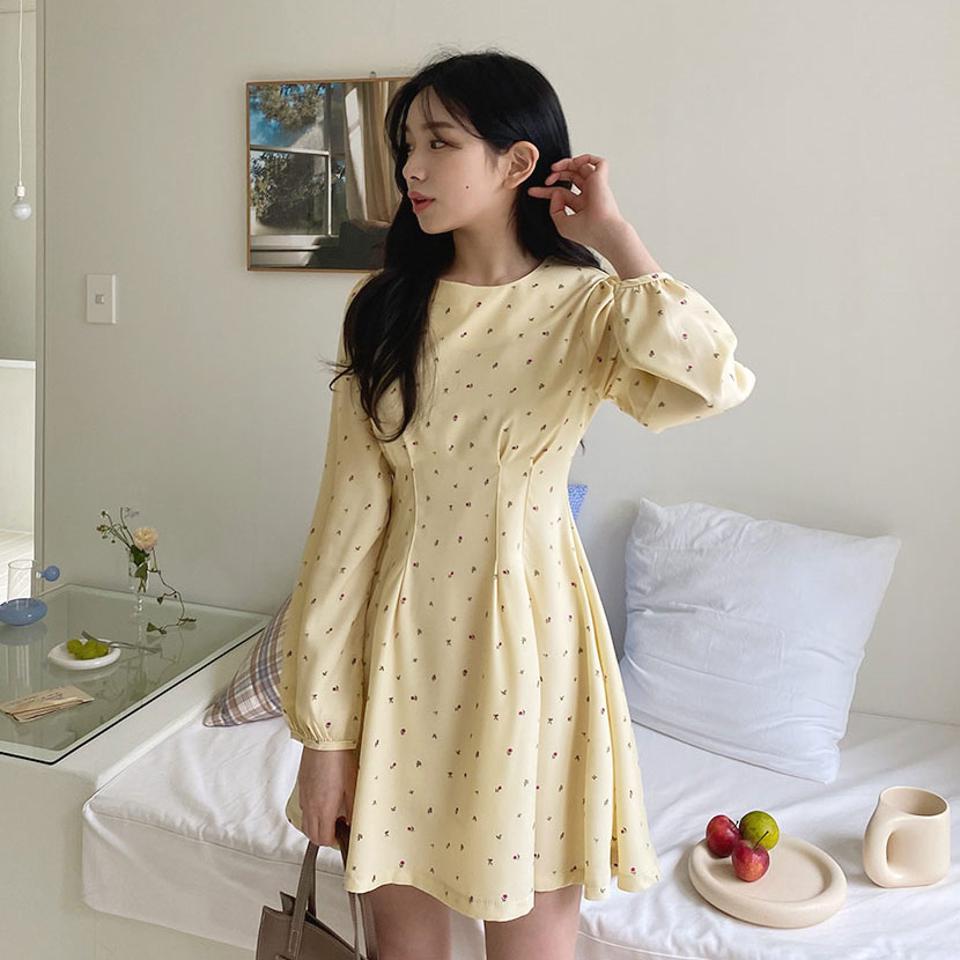 フローラルミニワンピース・全3色・t63144 レディース 【ops】【韓国 ファッション ワンピース ミニ ミニワンピース カジュアル デイリー ラウンドネック ガーリー フレアワンピース フローラル 花柄 フラワー パターン 細身 秋 冬】【NIJU】【fw】