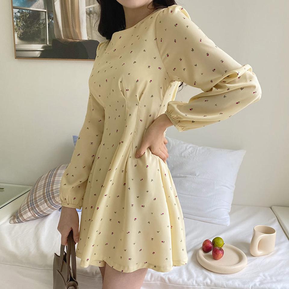 フローラルミニワンピース・全3色・t63144 レディース 【ops】【韓国 ファッション ワンピース ミニ ミニワンピース カジュアル デイリー ラウンドネック ガーリー フレアワンピース フローラル 花柄 フラワー パターン 細身 秋 冬】【NIJU】【fw】