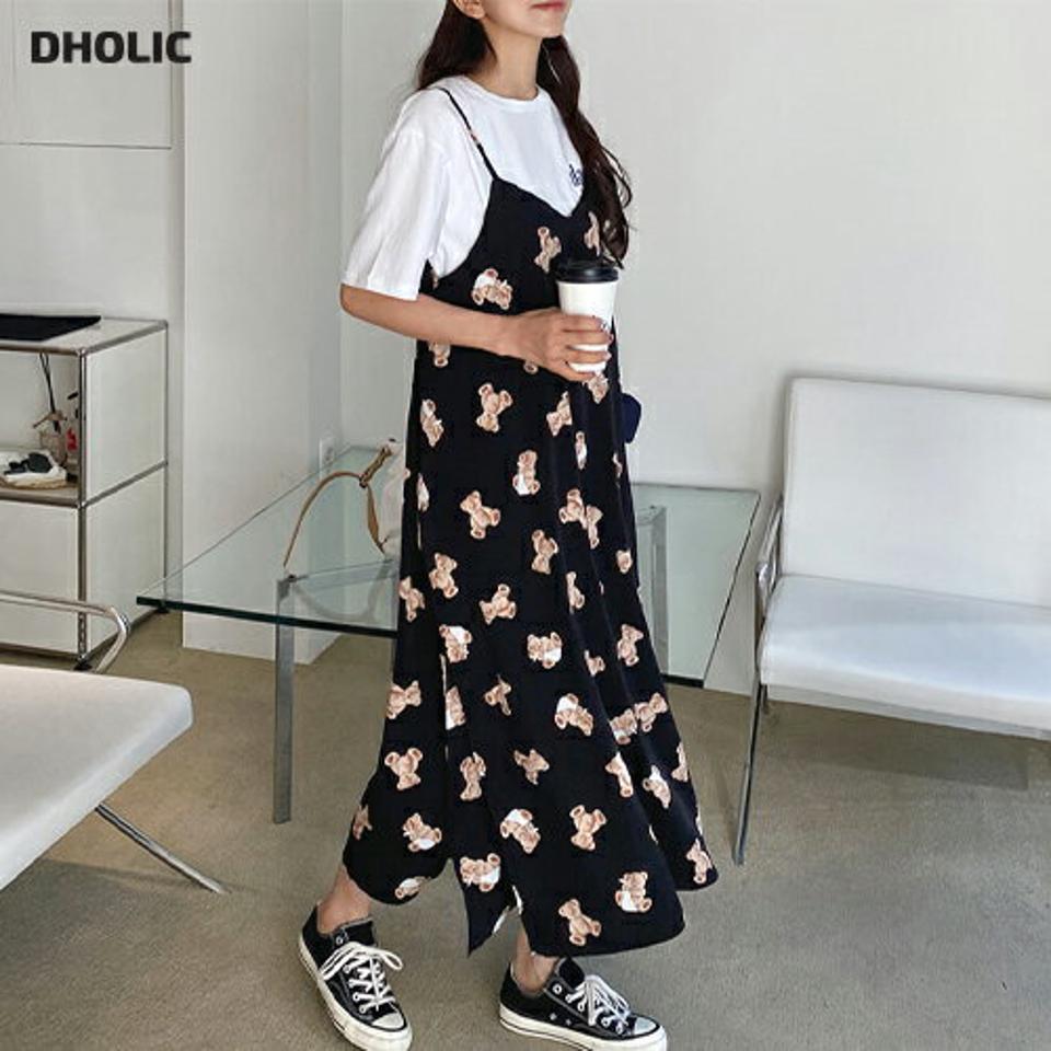 ベアリボンワンピース・全2色・t61619 レディース 【ops】【韓国 ファッション ワンピース ロング ロングワンピース カジュアル Vネック ベア パターン クマ くまさん キャミソール リボン 細身 体型カバー 秋 冬】