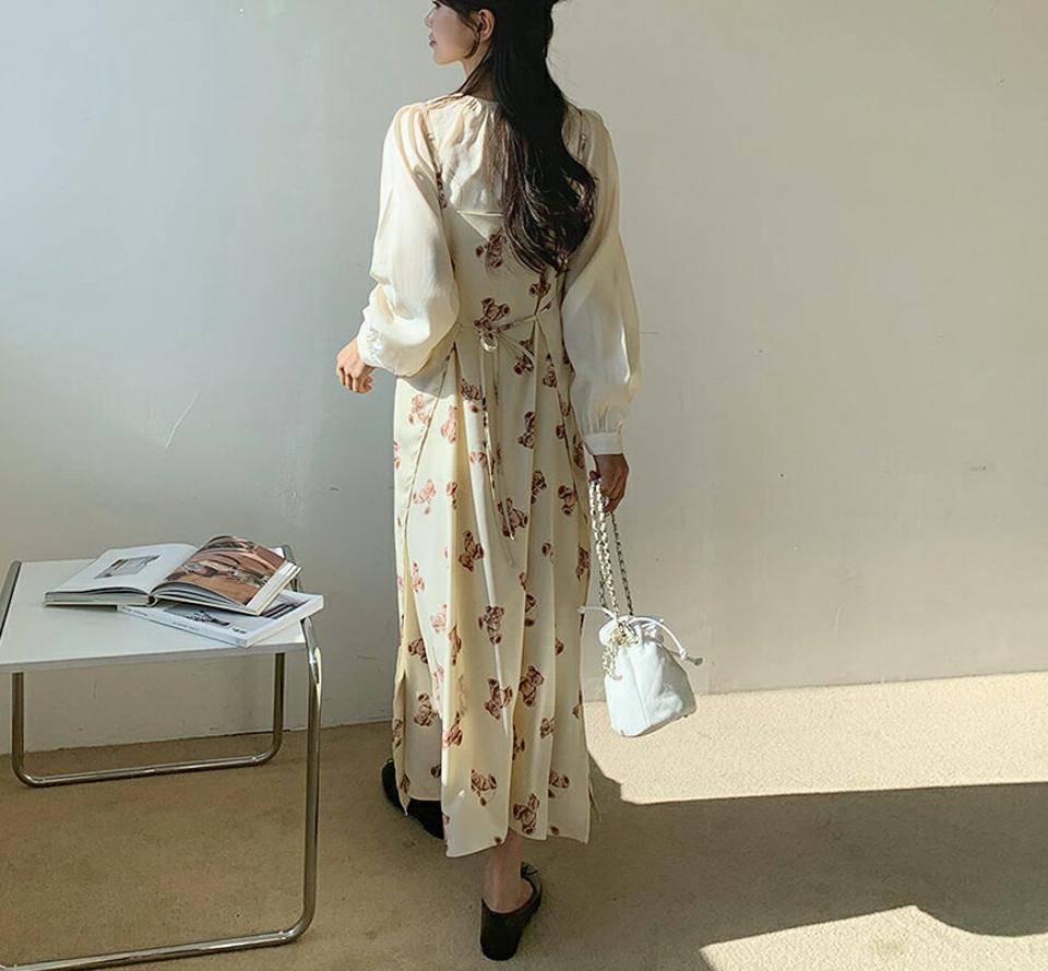 ベアリボンワンピース・全2色・t61619 レディース 【ops】【韓国 ファッション ワンピース ロング ロングワンピース カジュアル Vネック ベア パターン クマ くまさん キャミソール リボン 細身 体型カバー 秋 冬】