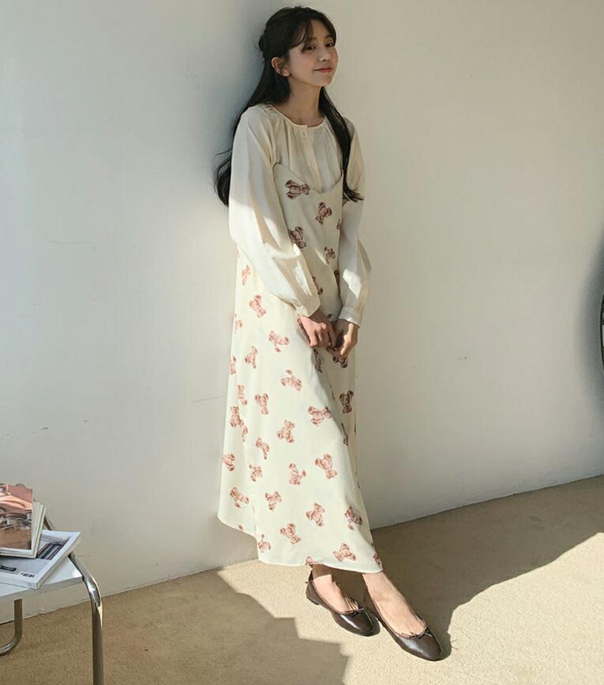 ベアリボンワンピース・全2色・t61619 レディース 【ops】【韓国 ファッション ワンピース ロング ロングワンピース カジュアル Vネック ベア パターン クマ くまさん キャミソール リボン 細身 体型カバー 秋 冬】