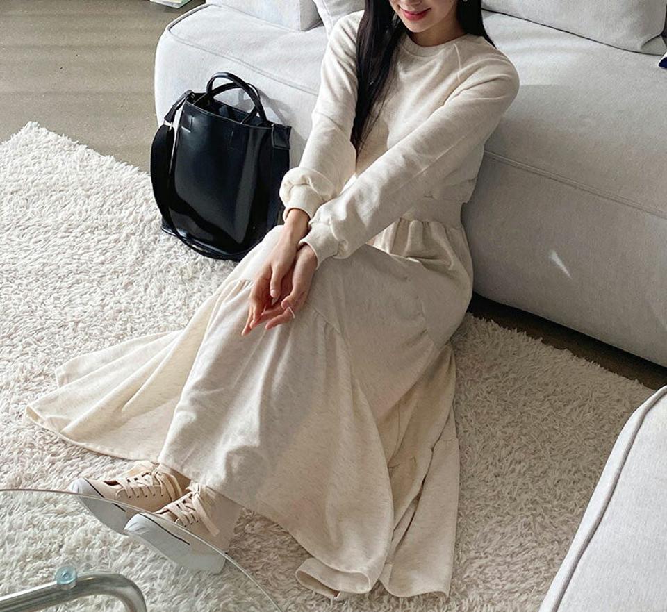 ラグランティアードワンピース・全3色・b63162 レディース 【ops】韓国ファッション ワンピース ロングワンピース カジュアル スウェット かわいい ラグランスリーブ ルーズ ティアード 体型カバー 秋 冬 NIJU