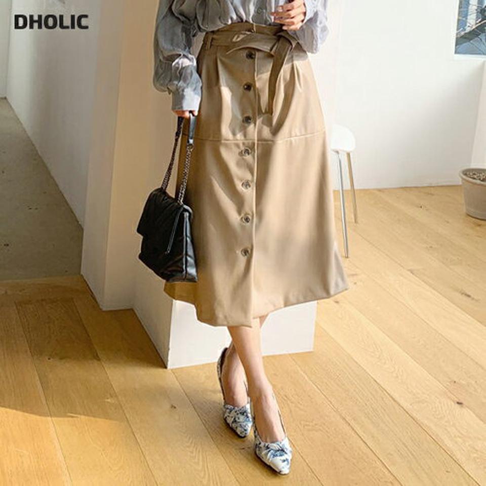 ストラップ付レザー調スカート・全2色・b67004 レディース 【sk】【スカート ロング ロングスカート レザー ストラップ 大人 Aライン 通勤 秋 冬 韓国 ファッション】【ハイホリHIHOLLI】