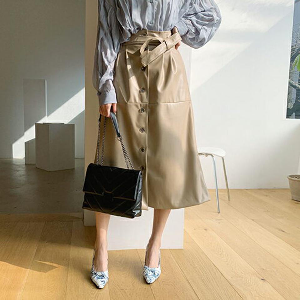 ストラップ付レザー調スカート・全2色・b67004 レディース 【sk】【スカート ロング ロングスカート レザー ストラップ 大人 Aライン 通勤 秋 冬 韓国 ファッション】【ハイホリHIHOLLI】