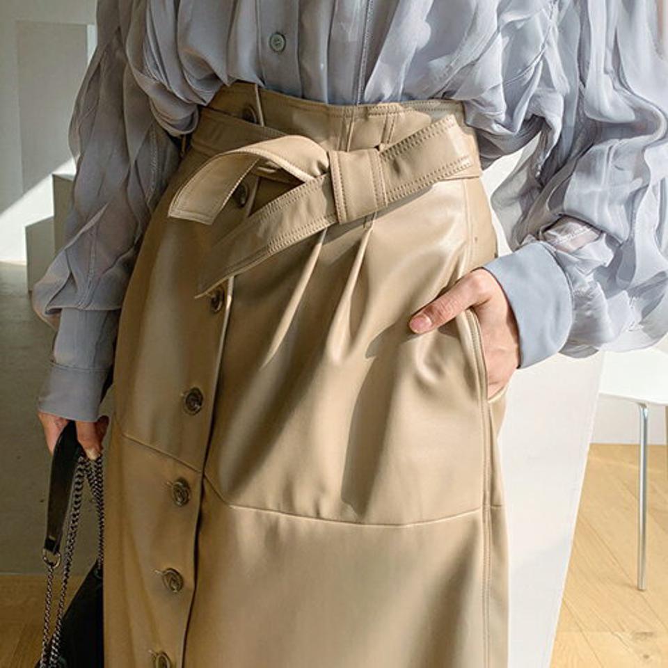 ストラップ付レザー調スカート・全2色・b67004 レディース 【sk】【スカート ロング ロングスカート レザー ストラップ 大人 Aライン 通勤 秋 冬 韓国 ファッション】【ハイホリHIHOLLI】