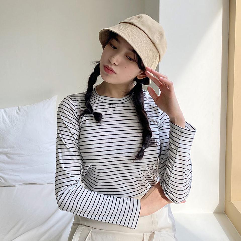 ラウンドボーダーTシャツ・全4色・t63204 レディース 【tops】【韓国 ファッション トップス Tシャツ 長袖 ラウンドネック リブ スリム フィット 体型カーバー 細身 ボーダー パターン ストライプ ゆったり デイリー カジュアル 秋 冬】【NIJU】【BT】