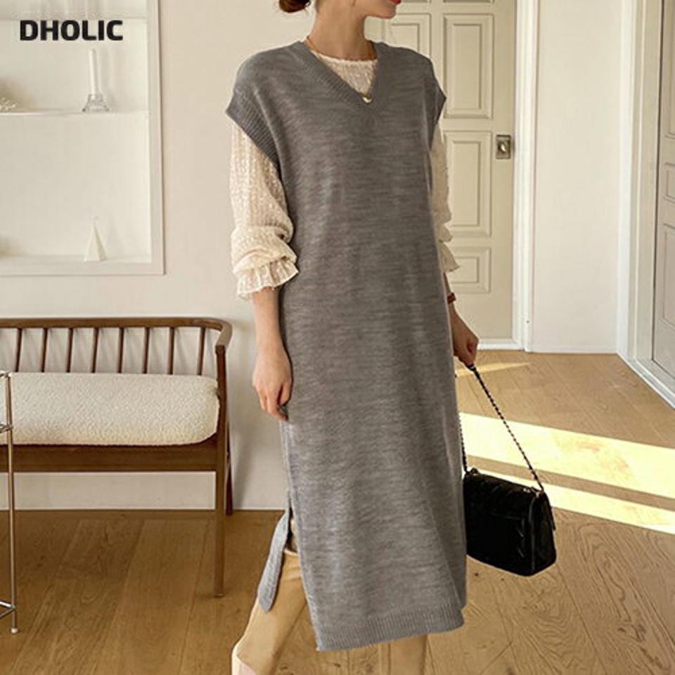 ベストニットワンピース・全5色・t66993 レディース 【ops】【ワンピ−ス ロング ロングワンピース スリーブレス ノースリーブ スリット ベスト レイヤード 単色 無地 秋 冬 春 韓国 ファッション】【ハイホリHIHOLLI】