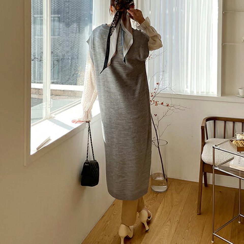 ベストニットワンピース・全5色・t66993 レディース 【ops】【ワンピ−ス ロング ロングワンピース スリーブレス ノースリーブ スリット ベスト レイヤード 単色 無地 秋 冬 春 韓国 ファッション】【ハイホリHIHOLLI】