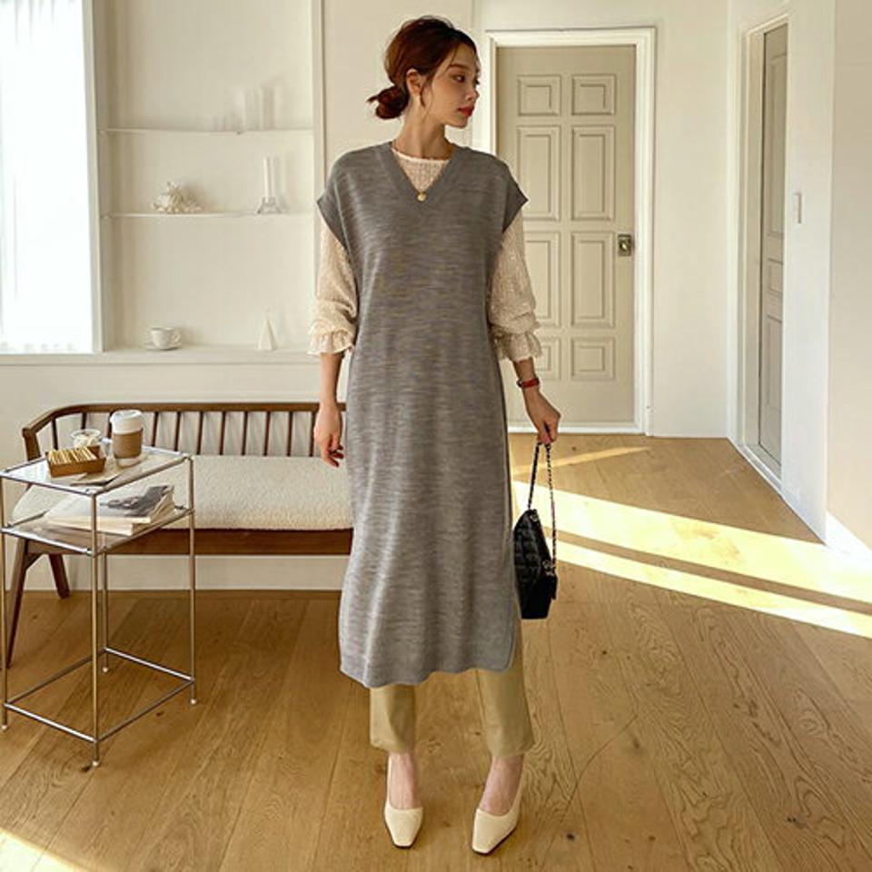 ベストニットワンピース・全5色・t66993 レディース 【ops】【ワンピ−ス ロング ロングワンピース スリーブレス ノースリーブ スリット ベスト レイヤード 単色 無地 秋 冬 春 韓国 ファッション】【ハイホリHIHOLLI】