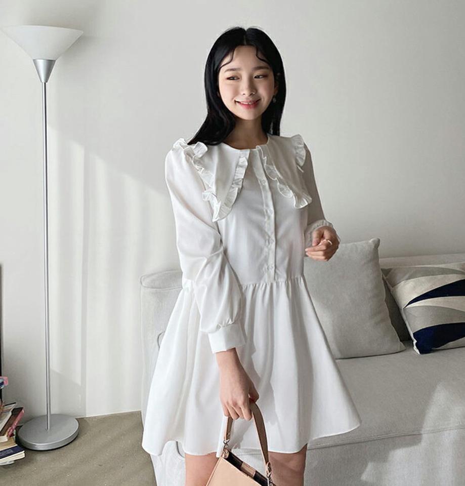 ビッグカラーミニワンピース・全3色・t63161 レディース 【ops】【韓国 ファッション ワンピース ミニ ミニワンピース カジュアル フリルカラー ガーリー 体型カバー ルーズフィット ギャザー 細身 秋 冬】【NIJU】