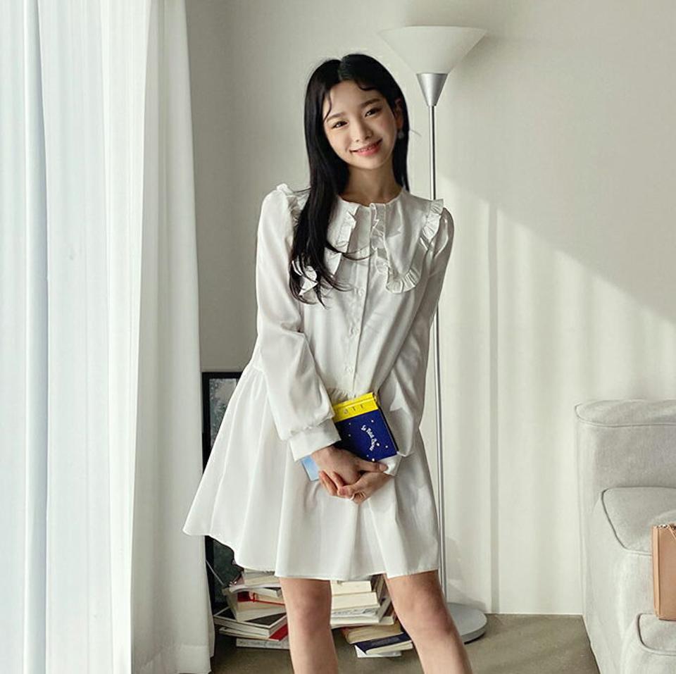 ビッグカラーミニワンピース・全3色・t63161 レディース 【ops】【韓国 ファッション ワンピース ミニ ミニワンピース カジュアル フリルカラー ガーリー 体型カバー ルーズフィット ギャザー 細身 秋 冬】【NIJU】