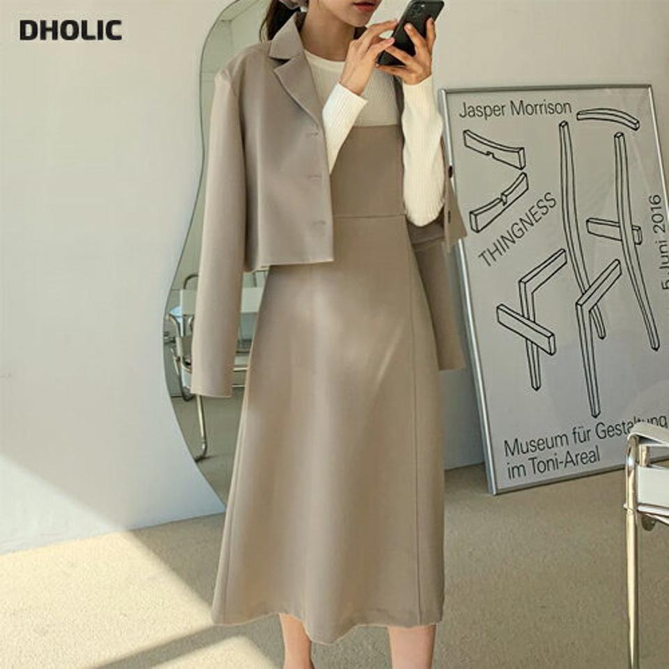 スクエアスリーブレスワンピース&クロップドジャケットSET・全2色・t61622 レディース 【ops】【韓国 ファッション ワンピース ロング ロングワンピース モダン セット ジャケット クロップド スクエアネック スリーブレス キャミソール 体型カバー 秋 冬】