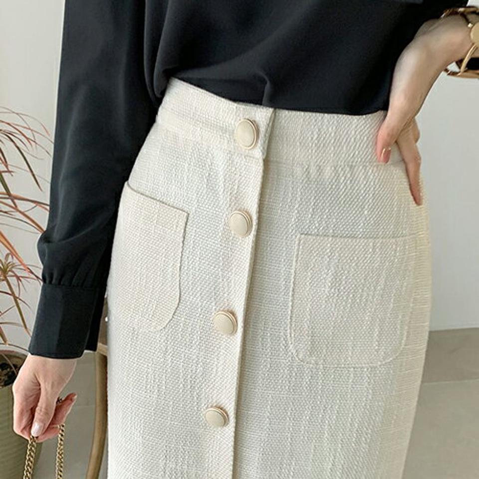 ボタンポイントツイードスカート・全2色・b67040 レディース 【sk】【スカート ロング ロングスカート ツイード 大人 高級感 オフィスカジュアル スリット 秋 冬 春 韓国 ファッション】【ハイホリHIHOLLI】