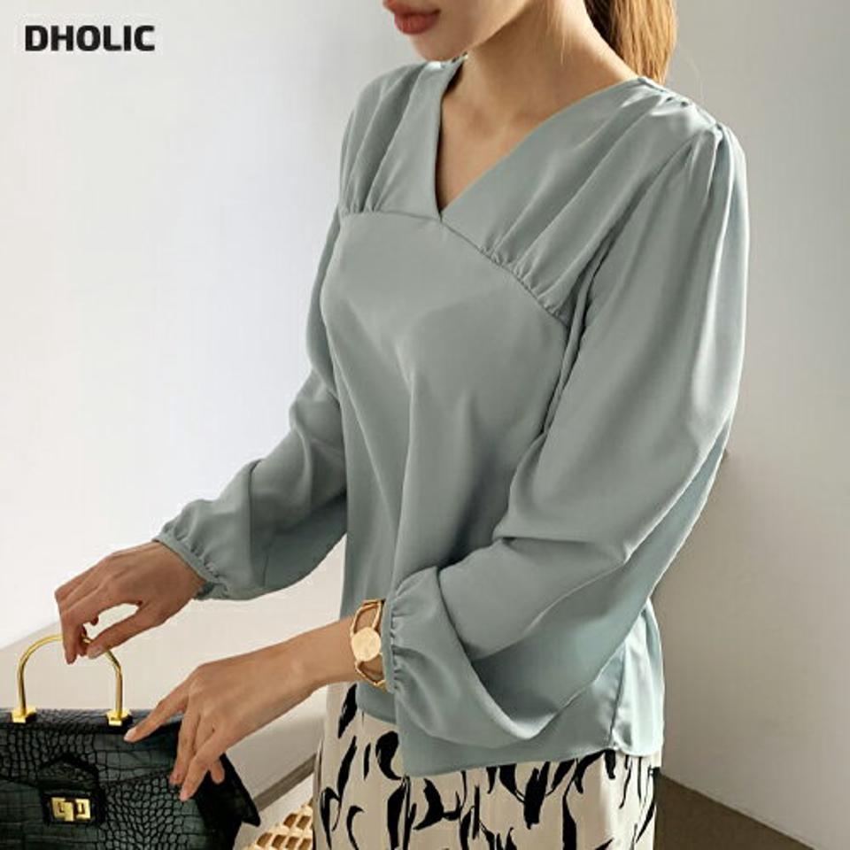 Vネックギャザーブラウス・全4色・66987 レディース 【bl】【トップス ブラウス 長袖 ギャザー Vネック 単色 無地 シンプル 大人 オフィスカジュアル 秋 冬 韓国 ファッション】【ハイホリHIHOLLI】