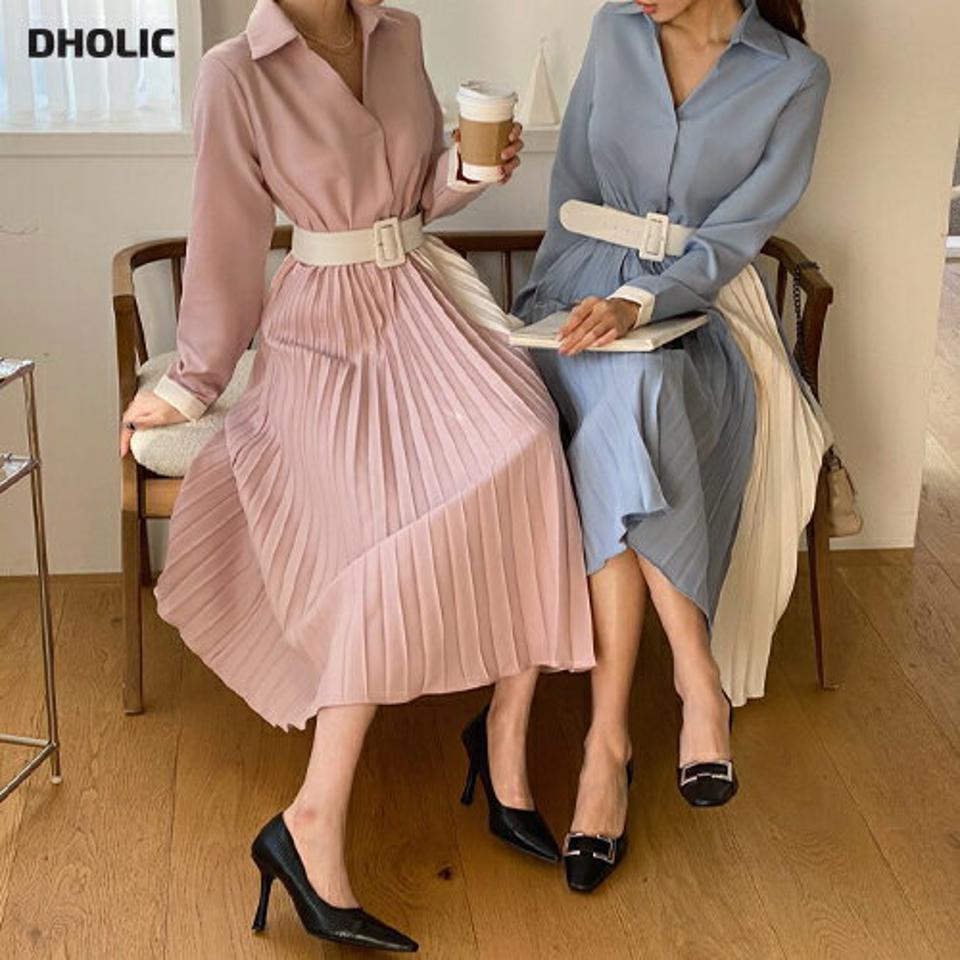 ベルト付配色プリーツワンピース・全3色・t67038 レディース 【ops】【ワンピース ロング ロングワンピース プリーツ プリーツワンピース 長袖 ベスト フェミニン かわいい 可愛い 秋 冬 韓国 ファッション】【ハイホリHIHOLLI】
