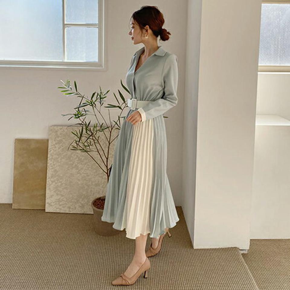 ベルト付配色プリーツワンピース・全3色・t67038 レディース 【ops】【ワンピース ロング ロングワンピース プリーツ プリーツワンピース 長袖 ベスト フェミニン かわいい 可愛い 秋 冬 韓国 ファッション】【ハイホリHIHOLLI】