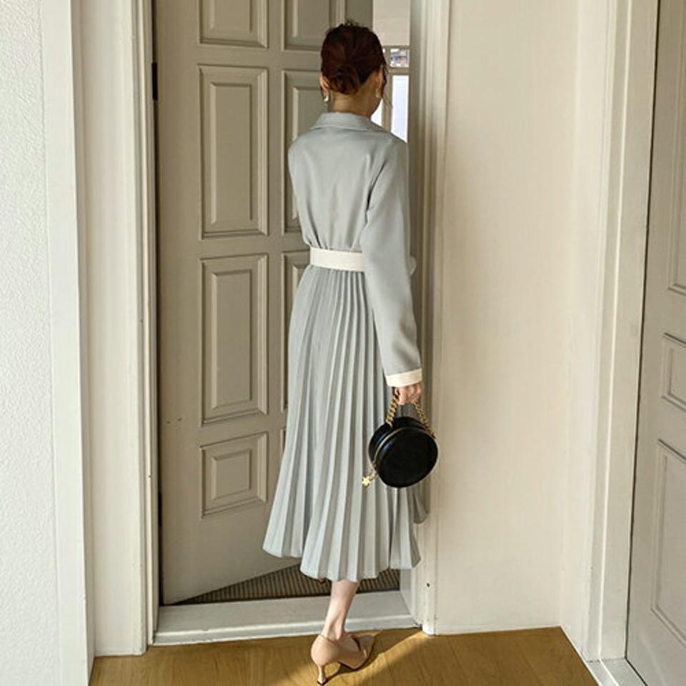 ベルト付配色プリーツワンピース・全3色・t67038 レディース 【ops】【ワンピース ロング ロングワンピース プリーツ プリーツワンピース 長袖 ベスト フェミニン かわいい 可愛い 秋 冬 韓国 ファッション】【ハイホリHIHOLLI】