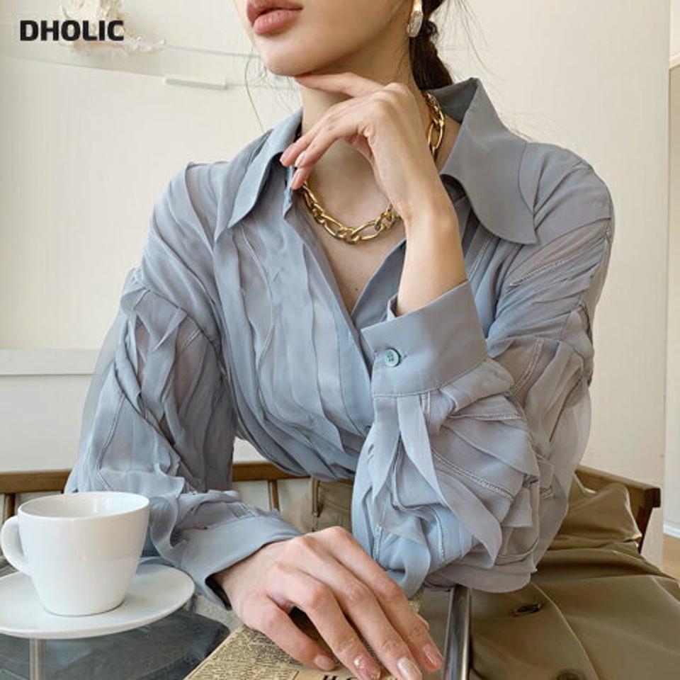 ウェーブディテールシャツ・全3色・t67100 レディース 【bl】【トップス シャツ 長袖 ウェーブ フェミニン 可愛い かわいい 秋 冬 韓国 ファッション】【ハイホリHIHOLLI】