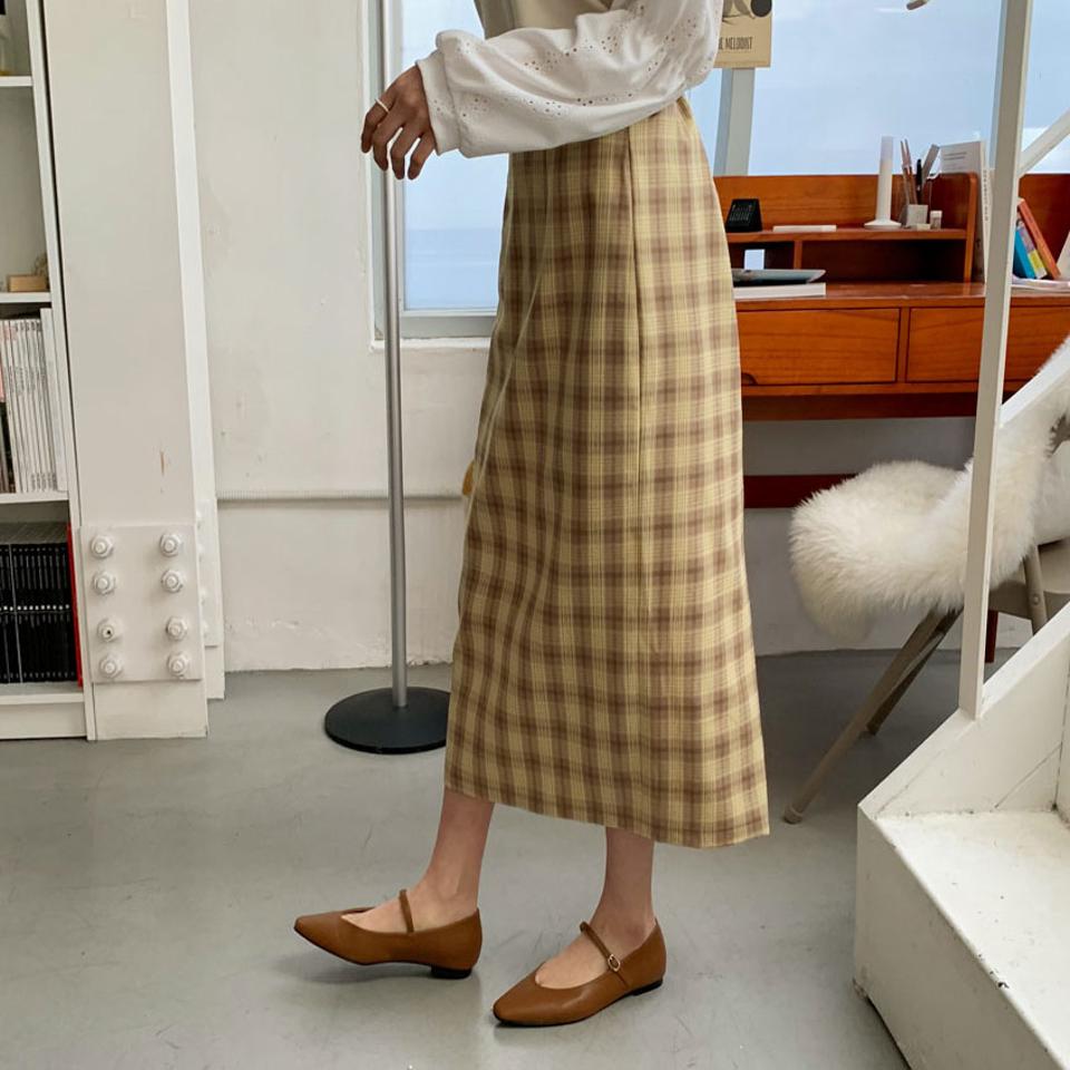 チェックHラインスカート・全4色・b63165 レディース 【sk】【韓国 ファッション ボトムス スカート ロング ロングスカート チェック パターン バックゴム サイドファスナー カジュアル 体型カバー シンプル デイリー 秋 冬】【NIJU】