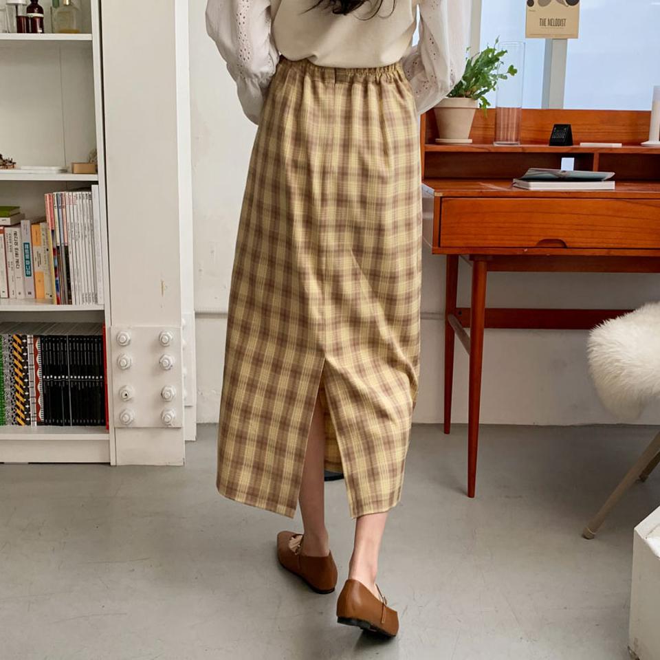 チェックHラインスカート・全4色・b63165 レディース 【sk】【韓国 ファッション ボトムス スカート ロング ロングスカート チェック パターン バックゴム サイドファスナー カジュアル 体型カバー シンプル デイリー 秋 冬】【NIJU】