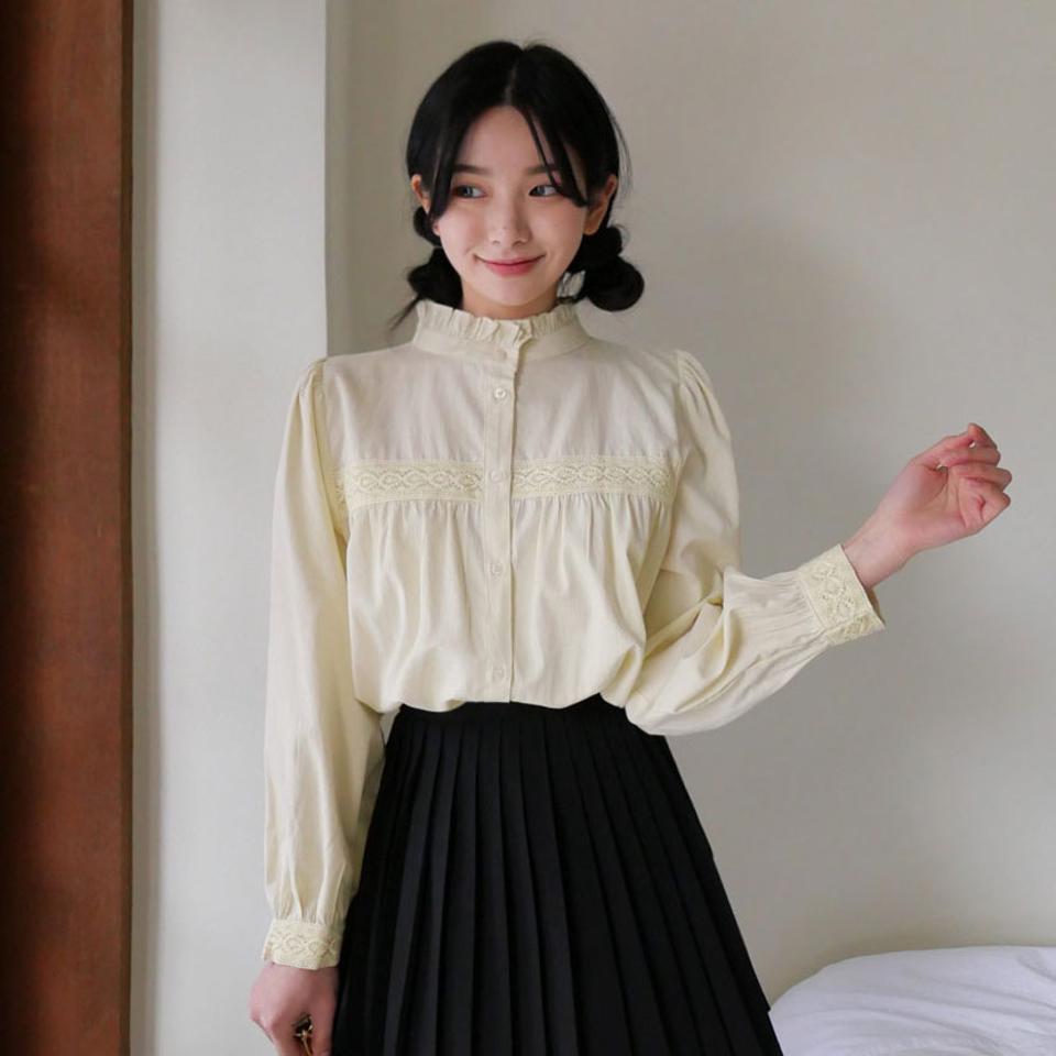 【只今10%OFF】フリルネックボタンブラウス・全3色・b63207 レディース 【bl】【韓国 ファッション トップス ブラウス 長袖 上品 春 フリルネック レース ギャザー ロングブラウス 体型カバー 細身 カジュアル デイリー 秋 冬】【NIJU】