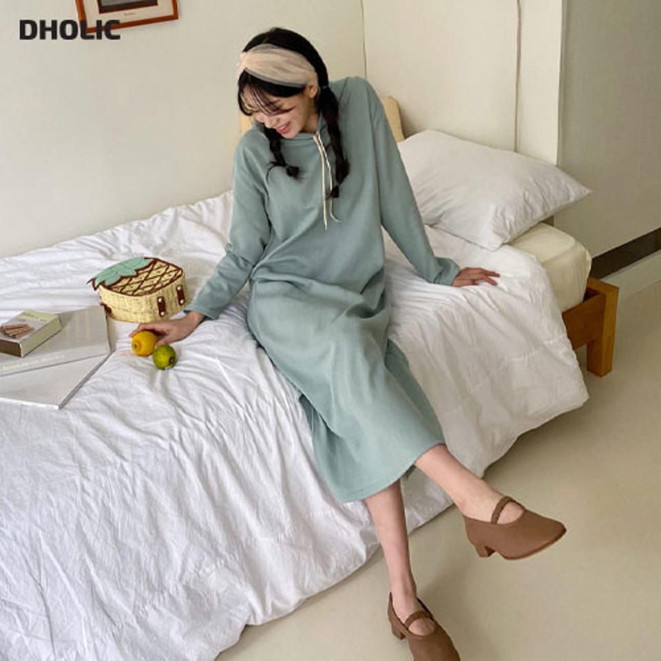 フードロングワンピース・全4色・b63210 レディース 【ops】【韓国 ファッション ワンピース ロング ロングワンピース カジュアル ストリングフード Hライン スリット リボン 細身 体型カバー 秋 冬】【NIJU】