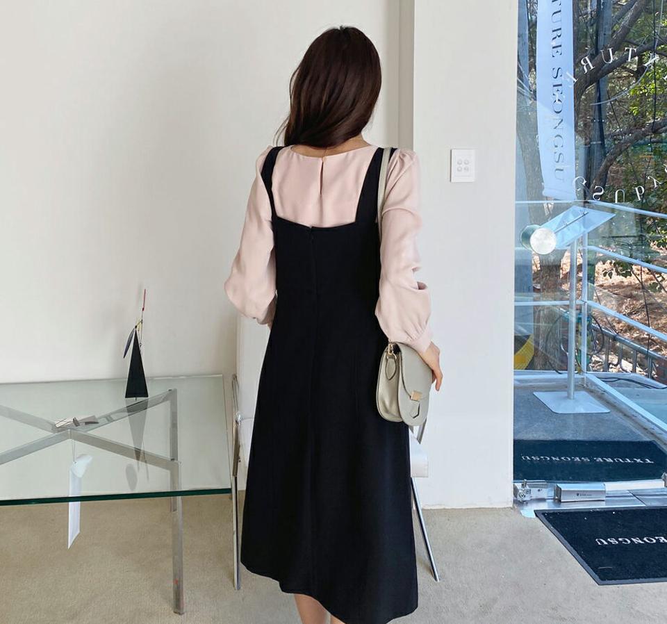 スクエアスリーブレスワンピース・全2色・t61620 レディース 【ops】【韓国 ファッション ワンピース ロング ロングワンピース カジュアル モダン スクエアネック スリーブレス バックファスナー Aライン キャミソール 細身 体型カバー 秋 冬】