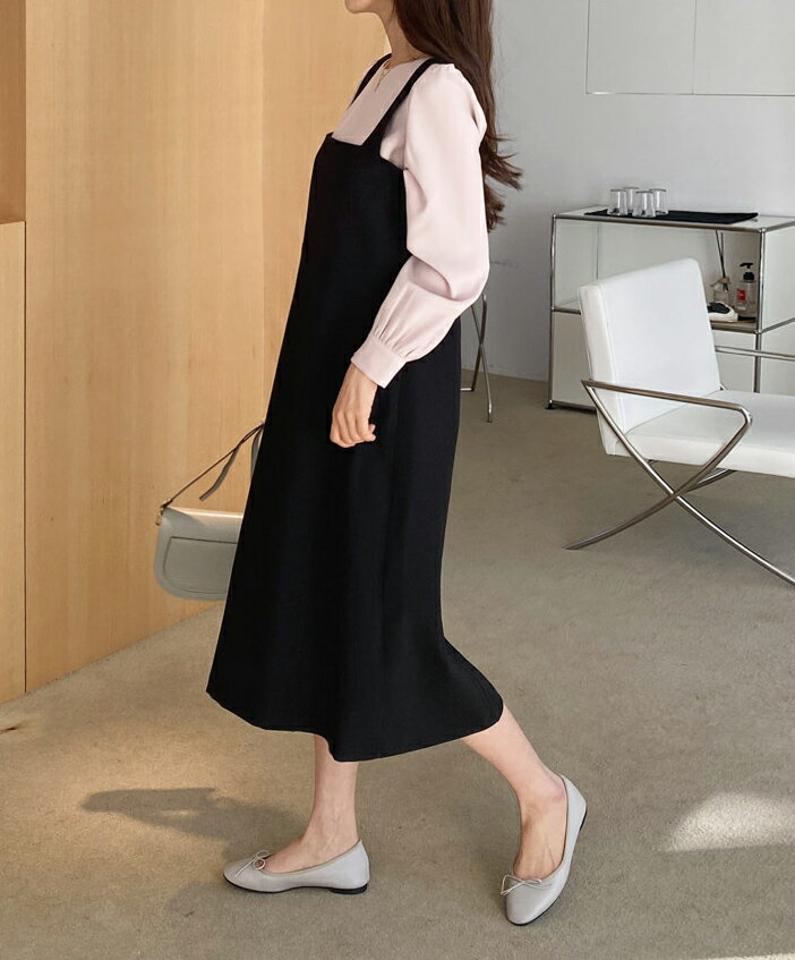 スクエアスリーブレスワンピース・全2色・t61620 レディース 【ops】【韓国 ファッション ワンピース ロング ロングワンピース カジュアル モダン スクエアネック スリーブレス バックファスナー Aライン キャミソール 細身 体型カバー 秋 冬】