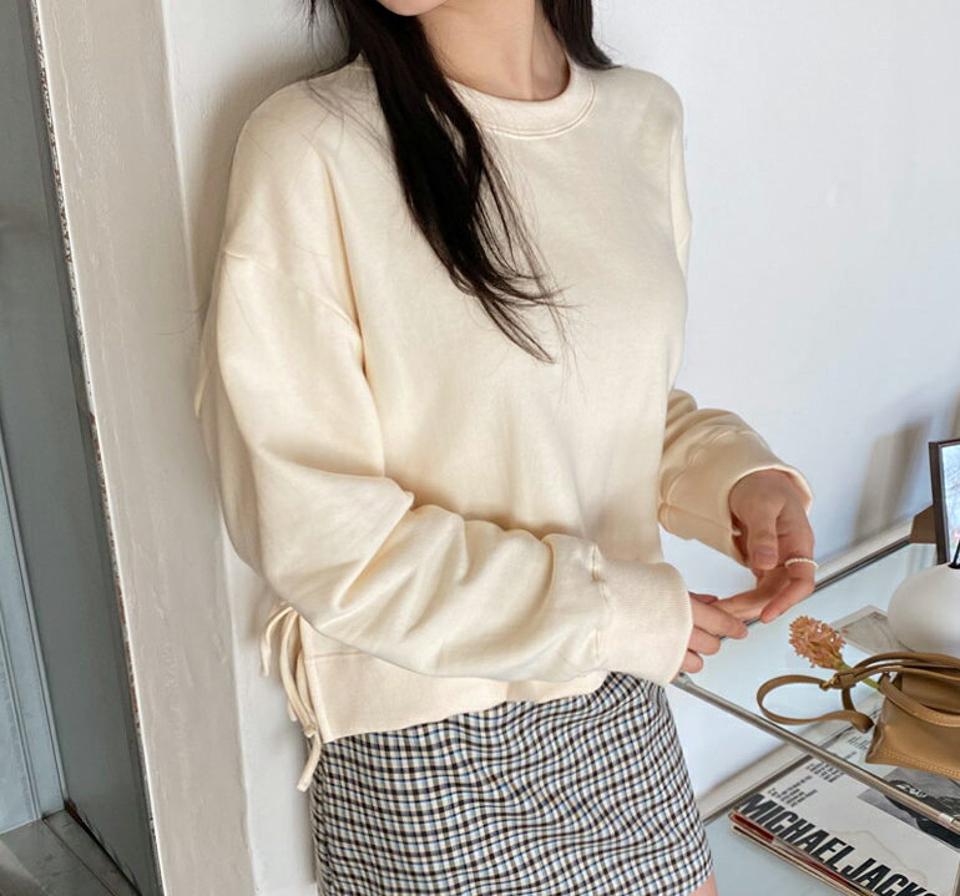 サイドリボンスウェット・全4色・t63159 レディース 【tops】【韓国 ファッション トップス Tシャツ 長袖 ラウンドネック サイドスリット リボン スウェット ラブリー ルーズ ゆったり デイリー カジュアル 体型カーバー 秋 冬】【NIJU】