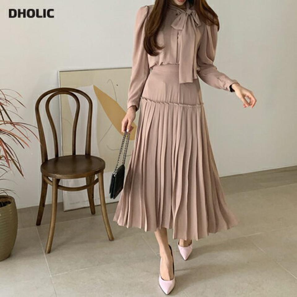 リボンブラウス&プリーツスカートSET・全3色・t67101 レディース 【sk】【セットアップ setup トップス ブラウス 長袖 スカート ロングスカート プリーツスカート プリーツ フェミニン 秋 冬 春 韓国 ファッション】【ハイホリHIHOLLI】