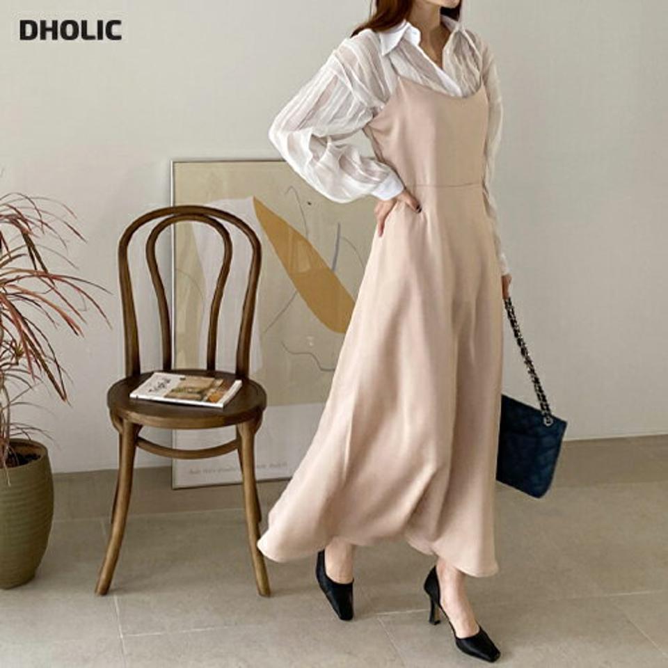 サテンキャミワンピース・全2色・t67037 レディース 【ops】【ワンピース ロング ロングワンピース スリーブレス ノースリーブ キャミソールワンピース 単色 無地 サテン 秋 冬 春 韓国 ファッション】【ハイホリHIHOLLI】