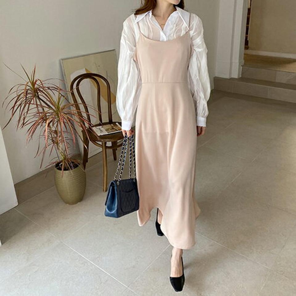 サテンキャミワンピース・全2色・t67037 レディース 【ops】【ワンピース ロング ロングワンピース スリーブレス ノースリーブ キャミソールワンピース 単色 無地 サテン 秋 冬 春 韓国 ファッション】【ハイホリHIHOLLI】