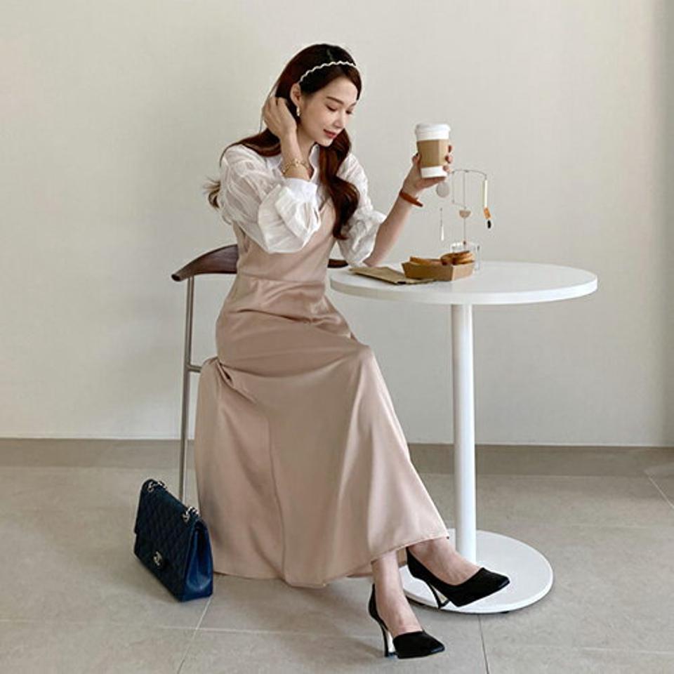 サテンキャミワンピース・全2色・t67037 レディース 【ops】【ワンピース ロング ロングワンピース スリーブレス ノースリーブ キャミソールワンピース 単色 無地 サテン 秋 冬 春 韓国 ファッション】【ハイホリHIHOLLI】