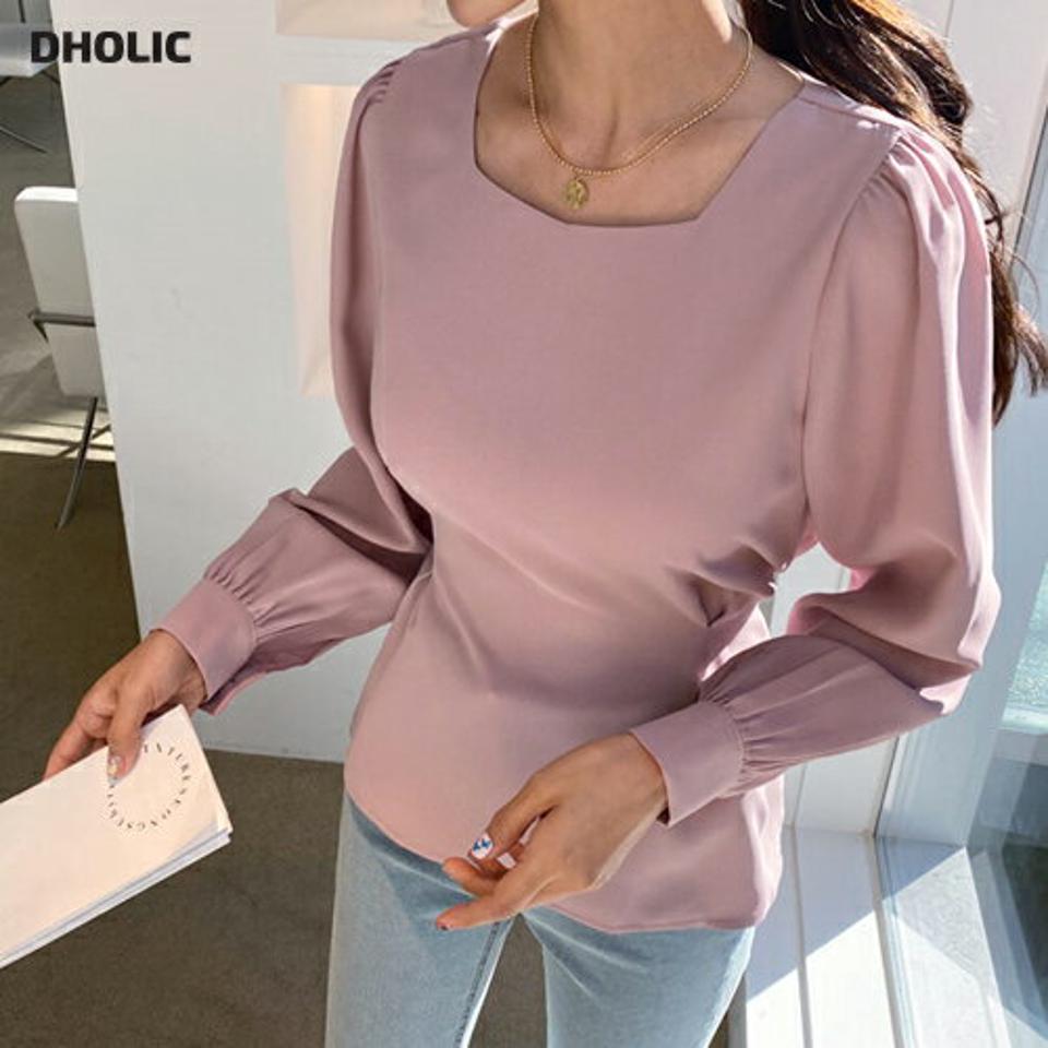 リボンフレアブラウス・全4色・b61617 レディース 【bl】【韓国 ファッション トップス ブラウス 長袖 上品 春 ウエストリボン フレア スクエア Vネック ボタン フェミニン カジュアル デイリー 秋 冬】