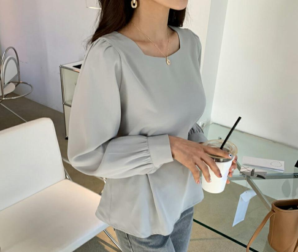 リボンフレアブラウス・全4色・b61617 レディース 【bl】【韓国 ファッション トップス ブラウス 長袖 上品 春 ウエストリボン フレア スクエア Vネック ボタン フェミニン カジュアル デイリー 秋 冬】