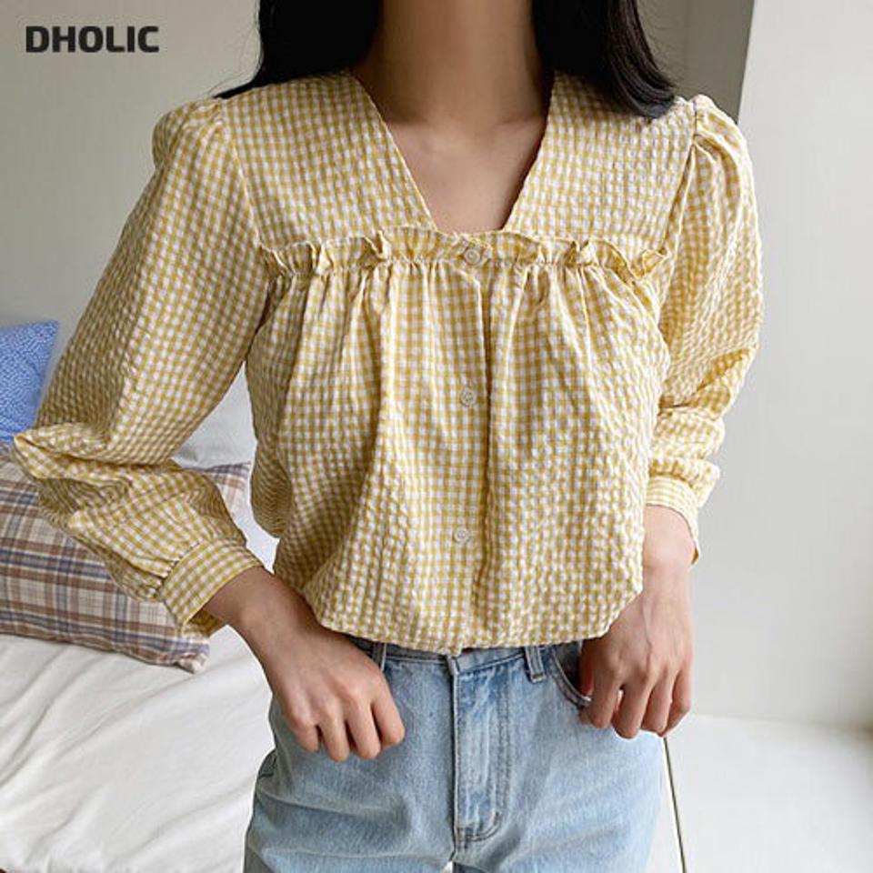 スクエアVネックチェックブラウス・全4色・t63206 レディース 【bl】【韓国 ファッション トップス ブラウス 長袖 上品 春 デコルテ スクエア Vネック チェック パターン フリル ガーリー カジュアル デイリー 秋 冬】【NIJU】