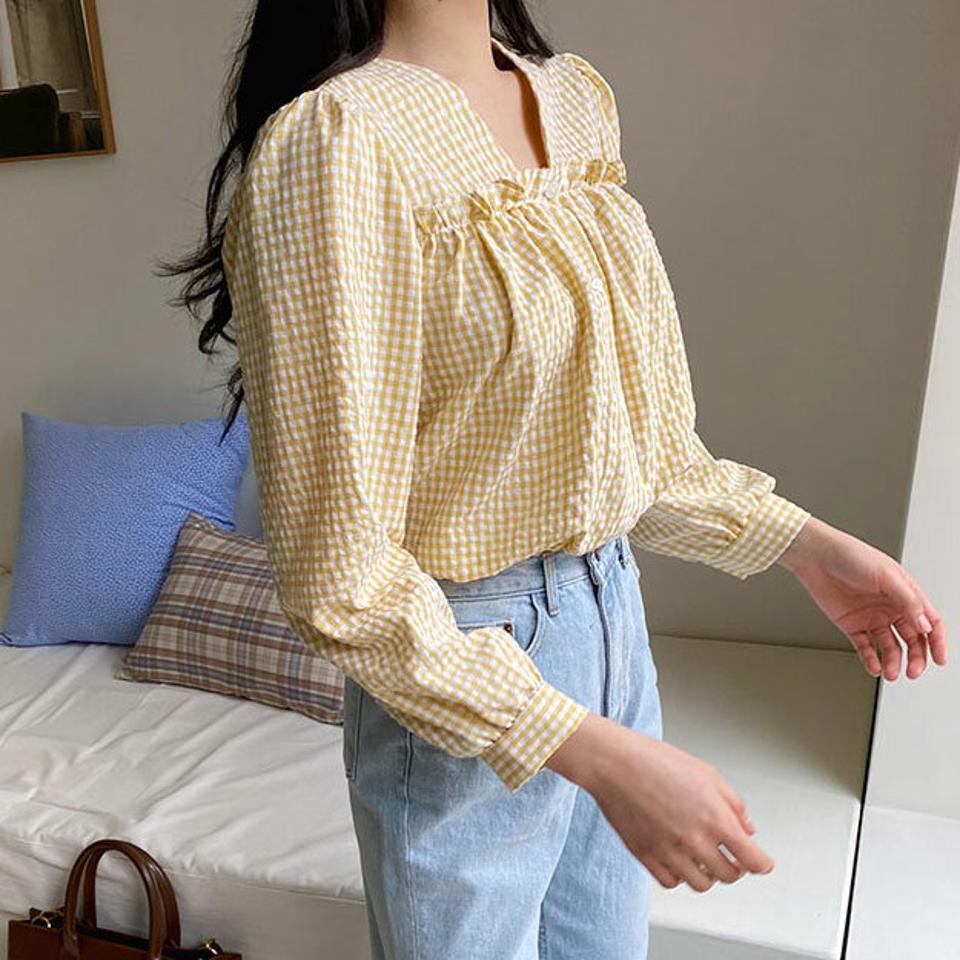 スクエアVネックチェックブラウス・全4色・t63206 レディース 【bl】【韓国 ファッション トップス ブラウス 長袖 上品 春 デコルテ スクエア Vネック チェック パターン フリル ガーリー カジュアル デイリー 秋 冬】【NIJU】