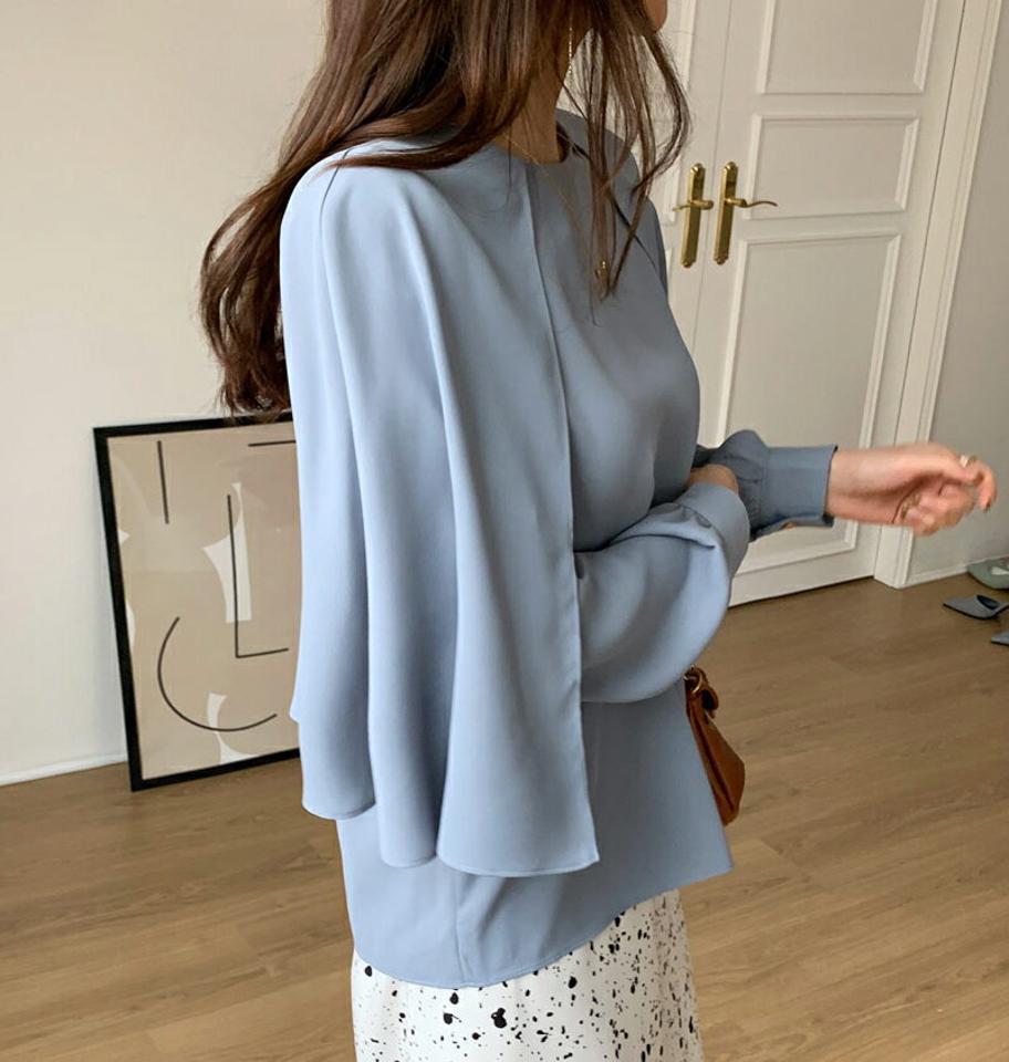 【只今10%OFF】ケープディテールブラウス・全3色・t66958 レディース 【bl】【トップス ブラウス 長袖 ケープ 体型カバー フェミニン 大人 単色 無地 シック きれいめ 秋 冬 韓国 ファッション】【ハイホリHIHOLLI】