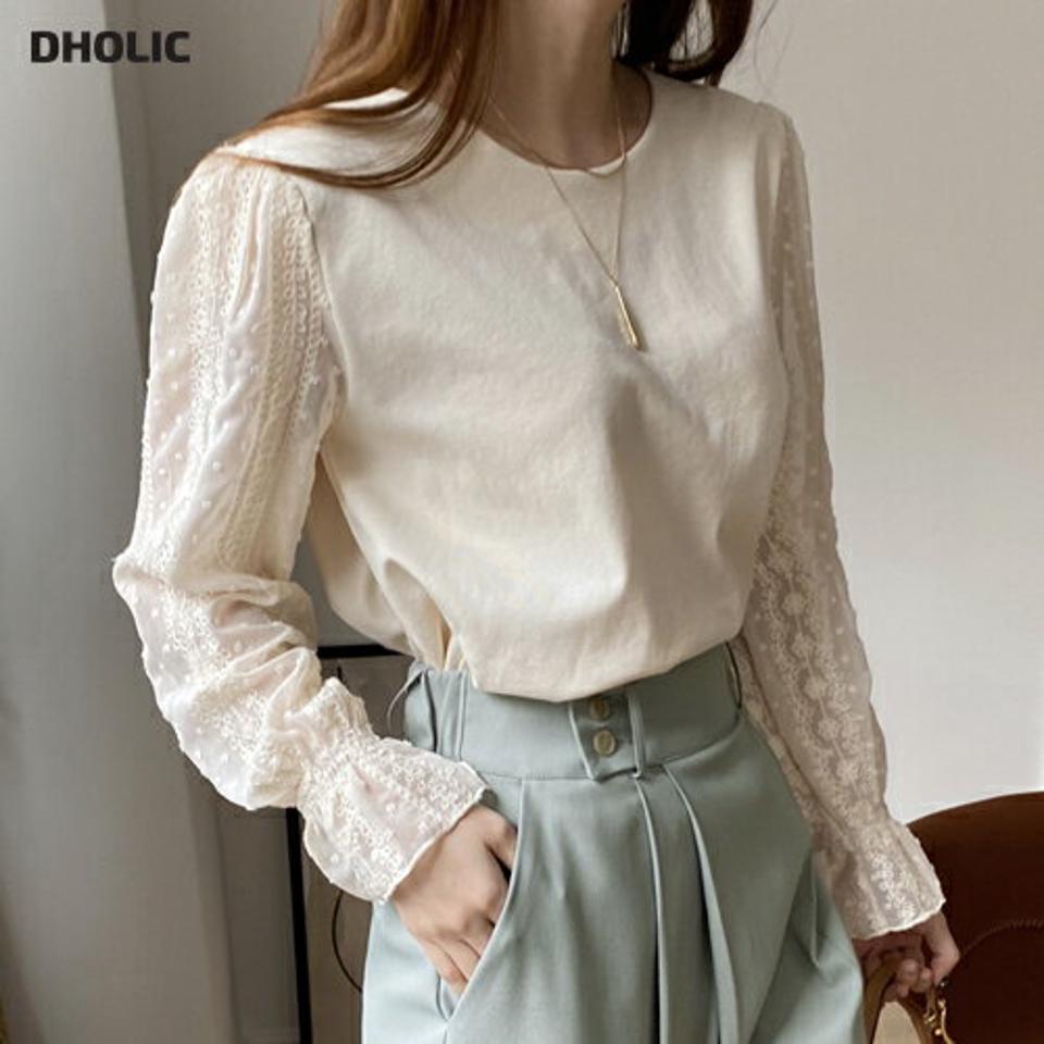 シフォンレースTシャツ・全3色・t66946 レディース 【tops】【トップス Tシャツ 長袖 シフォン レース 透け感 シアー シースルー フェミニン ガーリー 可愛い かわいい 秋 冬 韓国 ファッション】【ハイホリHIHOLLI】