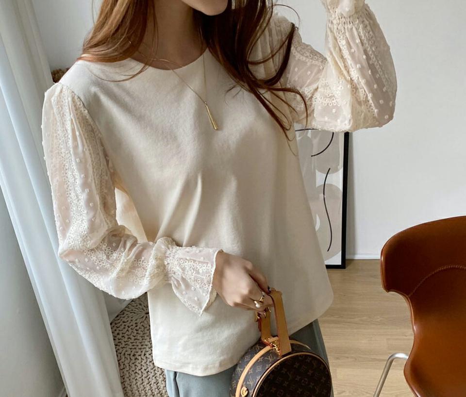 シフォンレースTシャツ・全3色・t66946 レディース 【tops】【トップス Tシャツ 長袖 シフォン レース 透け感 シアー シースルー フェミニン ガーリー 可愛い かわいい 秋 冬 韓国 ファッション】【ハイホリHIHOLLI】