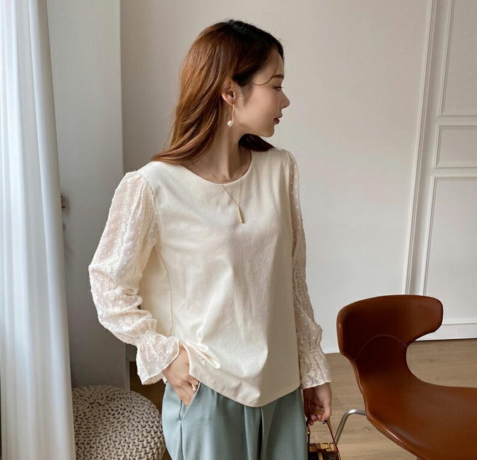シフォンレースTシャツ・全3色・t66946 レディース 【tops】【トップス Tシャツ 長袖 シフォン レース 透け感 シアー シースルー フェミニン ガーリー 可愛い かわいい 秋 冬 韓国 ファッション】【ハイホリHIHOLLI】