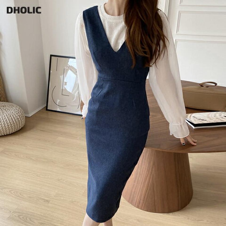 スリーブレススリムワンピース・全2色・t66950 レディース 【ops】【ワンピース ミディ丈 ミディワンピース 長袖 スリム タイト レイヤード スリーブレス ノースリーブ 大人 フェミニン きれいめ 秋 冬 韓国 ファッション】【ハイホリHIHOLLI】