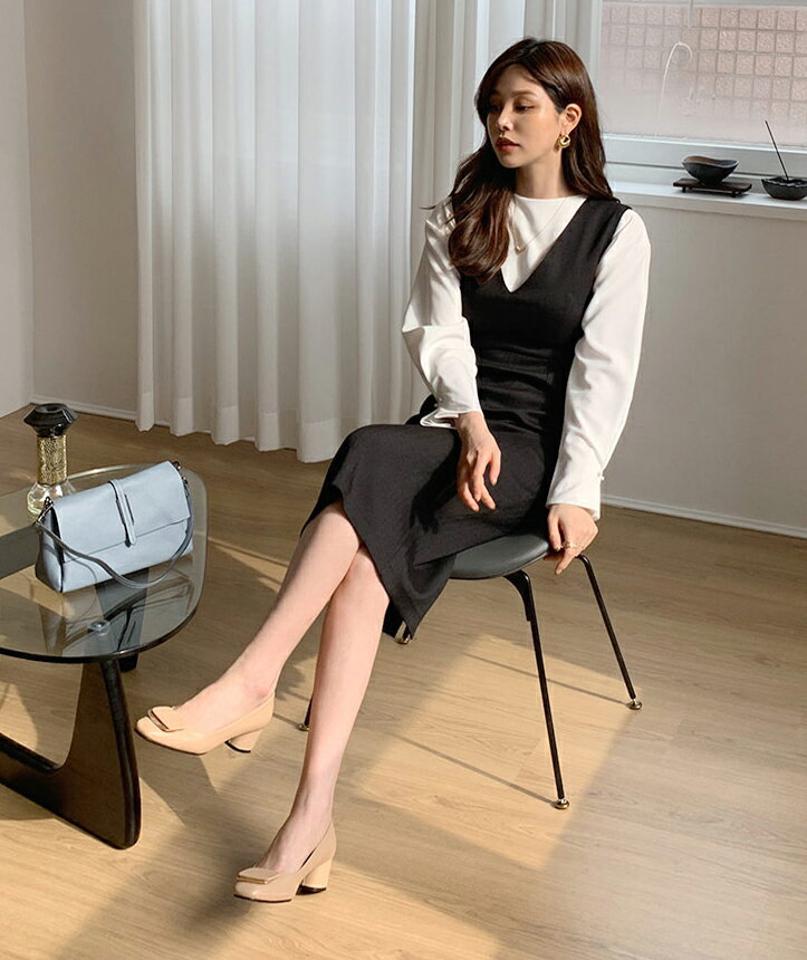 スリーブレススリムワンピース・全2色・t66950 レディース 【ops】【ワンピース ミディ丈 ミディワンピース 長袖 スリム タイト レイヤード スリーブレス ノースリーブ 大人 フェミニン きれいめ 秋 冬 韓国 ファッション】【ハイホリHIHOLLI】