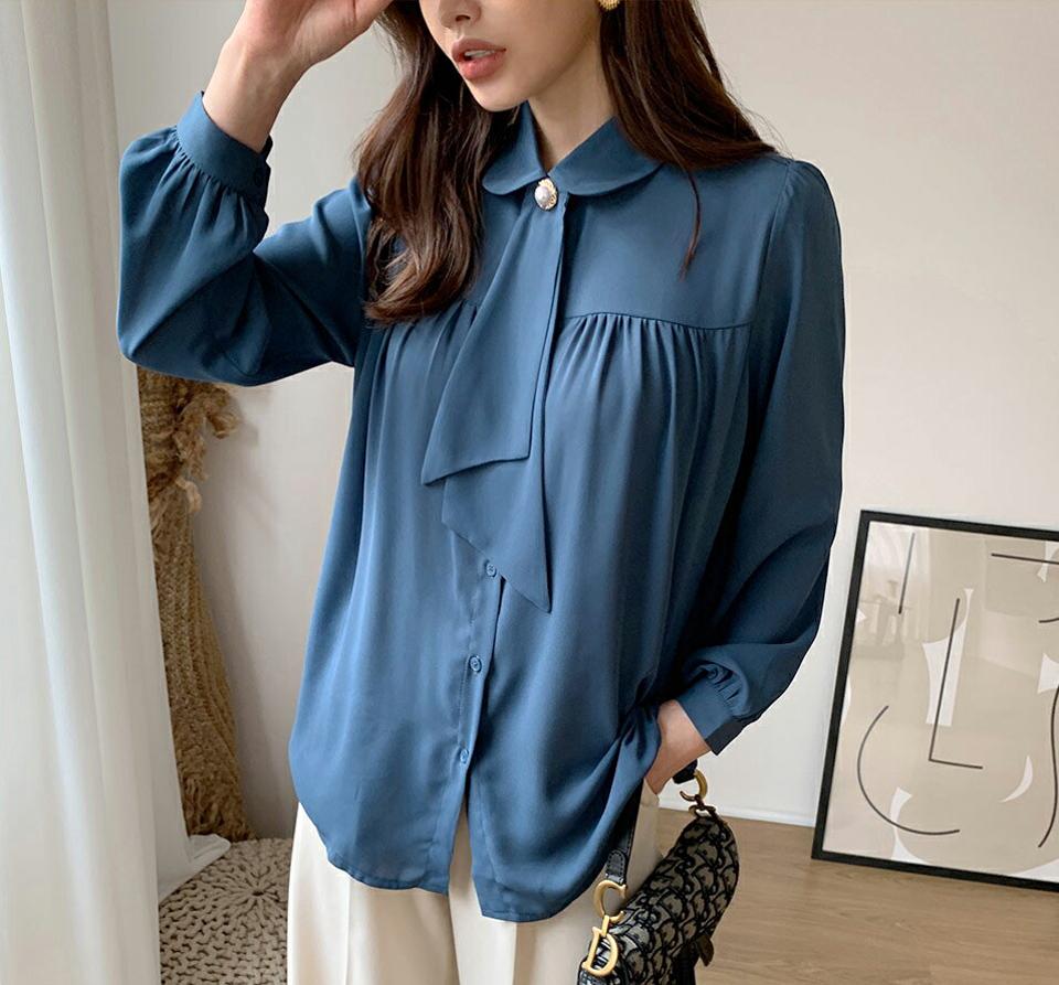 リボン付パールボタンブラウス・全3色・b66959 レディース 【bl】【トップス ブラウス 長袖 パールボタン りぼん リボン フェミニン 可愛い かわいい オフィスカジュアル きれいめ 秋 冬 韓国 ファッション】【ハイホリHIHOLLI】