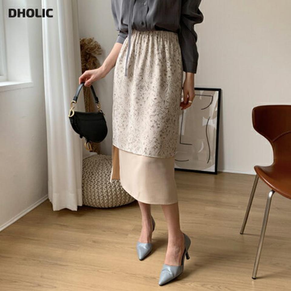 配色へム花柄スカート・全3色・t66964 レディース 【sk】【スカート ミディ丈 ミディスカート 花柄 フラワー シフォン 揺れ感 スリット ウエストゴム 大人 かわいい 秋 冬 韓国 ファッション】【ハイホリHIHOLLI】