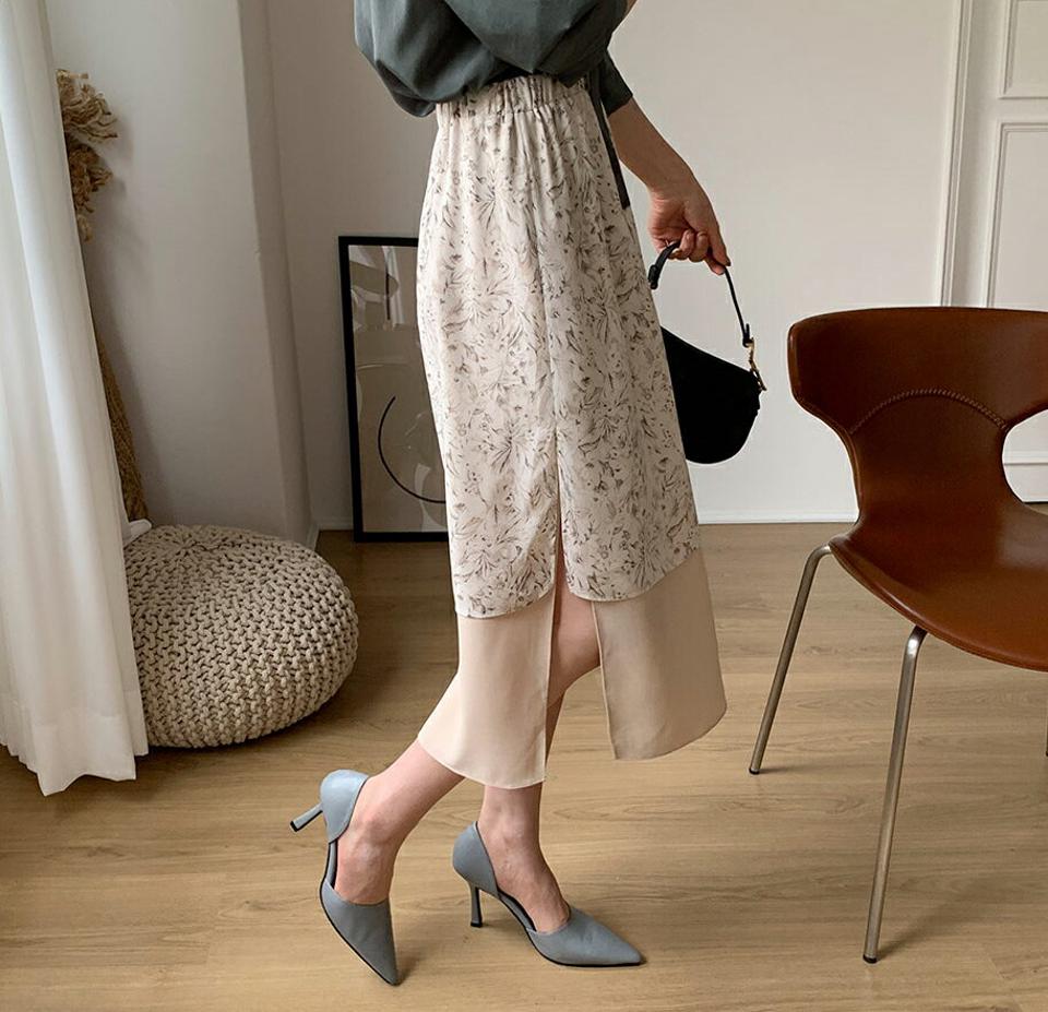 配色へム花柄スカート・全3色・t66964 レディース 【sk】【スカート ミディ丈 ミディスカート 花柄 フラワー シフォン 揺れ感 スリット ウエストゴム 大人 かわいい 秋 冬 韓国 ファッション】【ハイホリHIHOLLI】