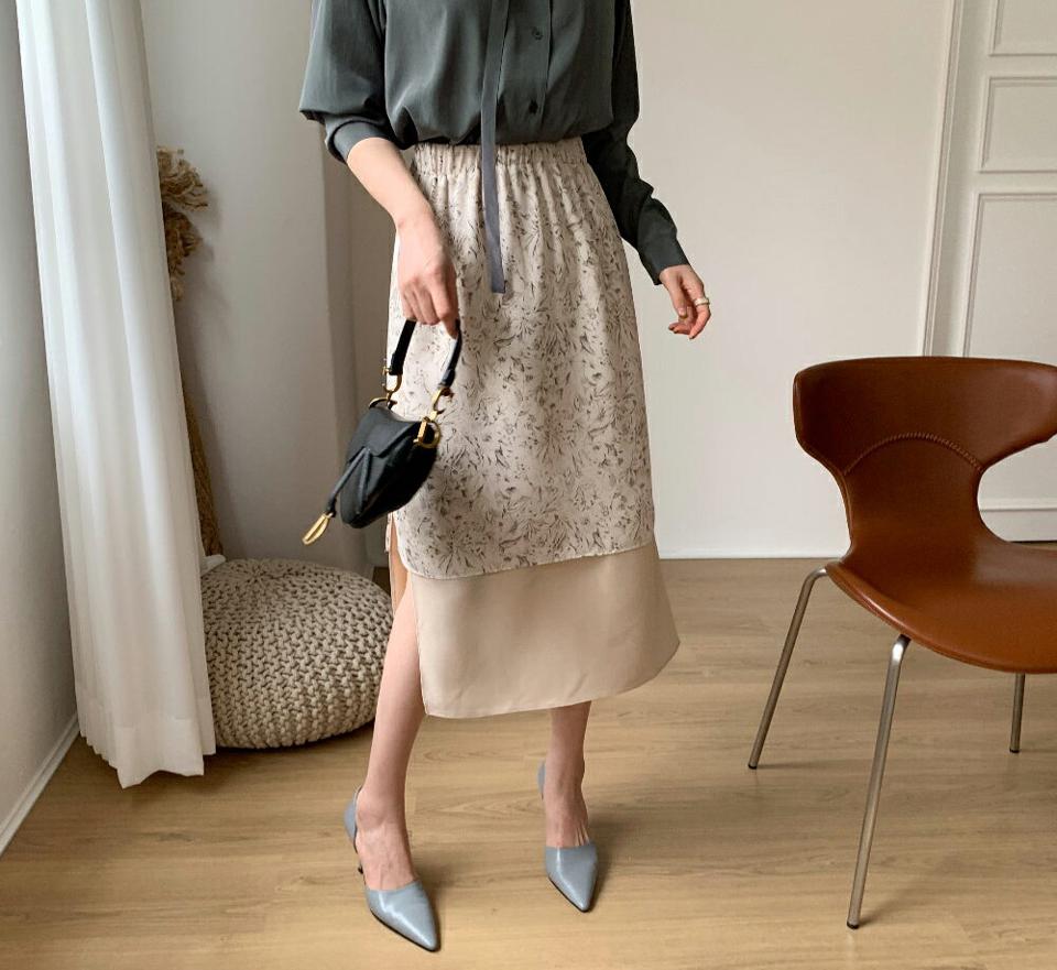 配色へム花柄スカート・全3色・t66964 レディース 【sk】【スカート ミディ丈 ミディスカート 花柄 フラワー シフォン 揺れ感 スリット ウエストゴム 大人 かわいい 秋 冬 韓国 ファッション】【ハイホリHIHOLLI】