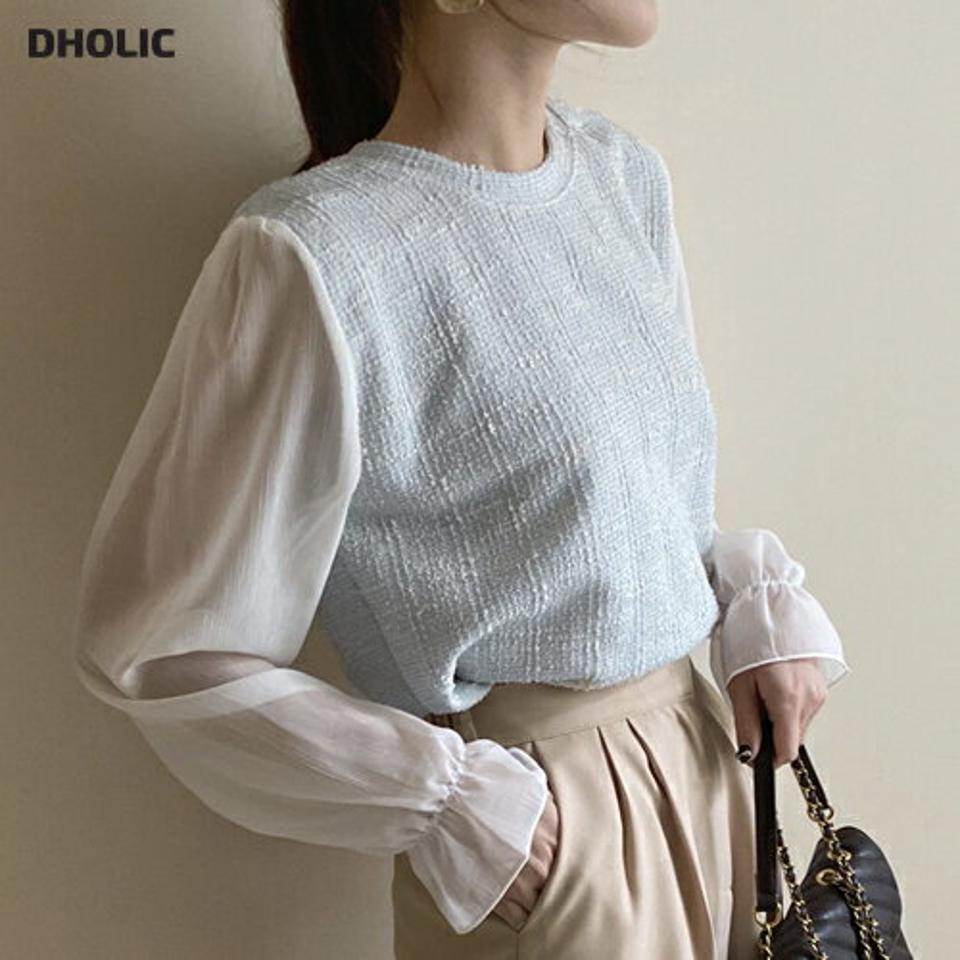 シアースリーブツイードブラウス・全4色・t66947 レディース 【bl】【トップス ブラウス ツイード 透け感 シアー シースルー 袖コンシャス 長袖 フェミニン 大人 きれいめ 秋 冬 韓国 ファッション】【ハイホリHIHOLLI】