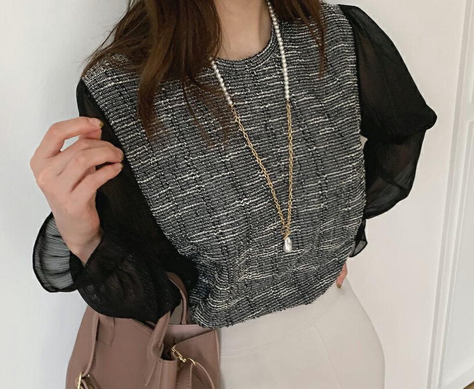 シアースリーブツイードブラウス・全4色・t66947 レディース 【bl】【トップス ブラウス ツイード 透け感 シアー シースルー 袖コンシャス 長袖 フェミニン 大人 きれいめ 秋 冬 韓国 ファッション】【ハイホリHIHOLLI】